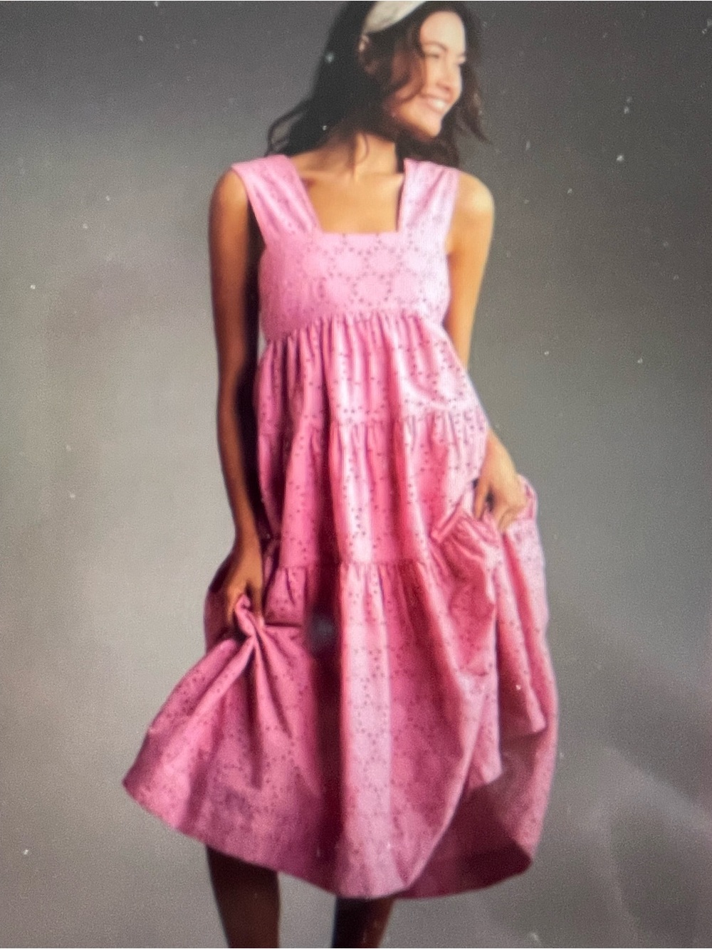 NWT Anthropologie Square Neck Eyelet Tiered Midi  Dress in Pink/Rose. Size Large